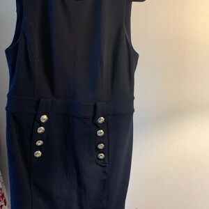 Vintage Tommy Hilfiger Navy Sleeveless Dress with Decorative Buttons size 8.